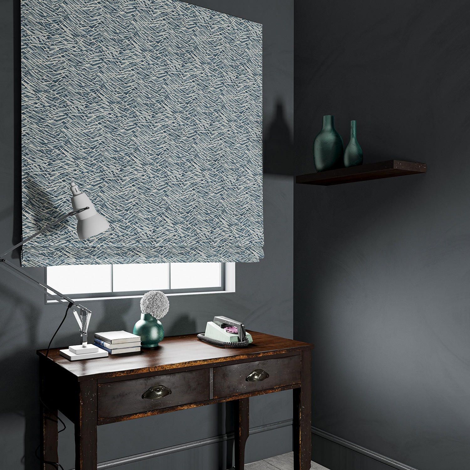 Velvet blind in a luxury grey velvet fabric with abstract design
