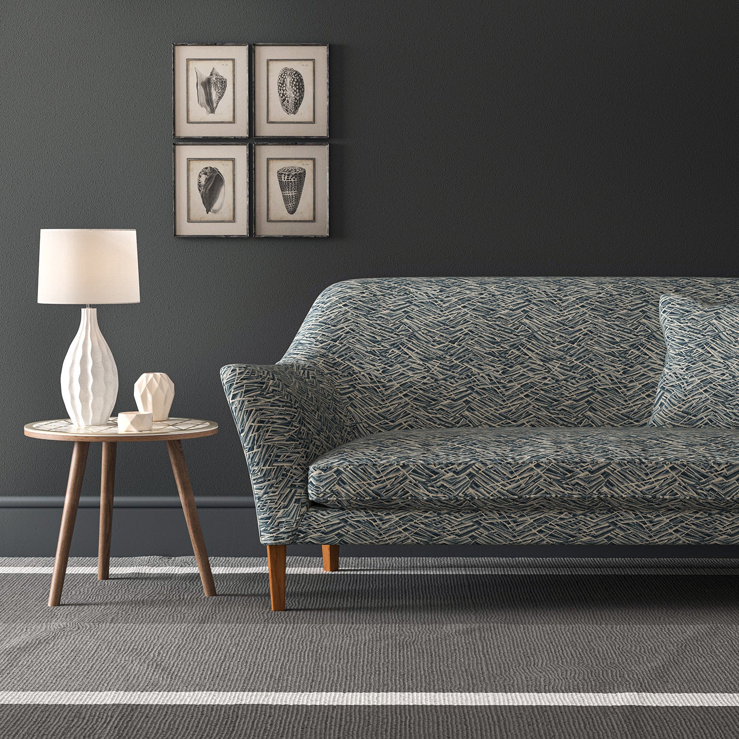 Velvet sofa in a grey velvet sofa with stain resistant finish and abstract design