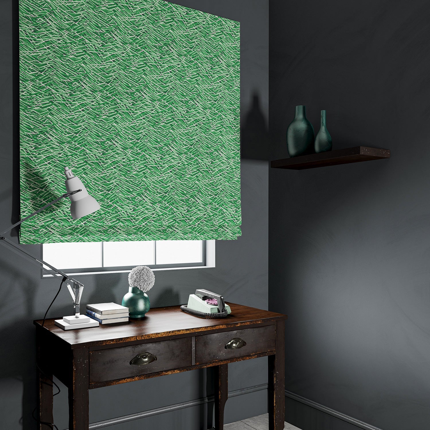 Velvet blind in a luxury green velvet fabric with abstract design