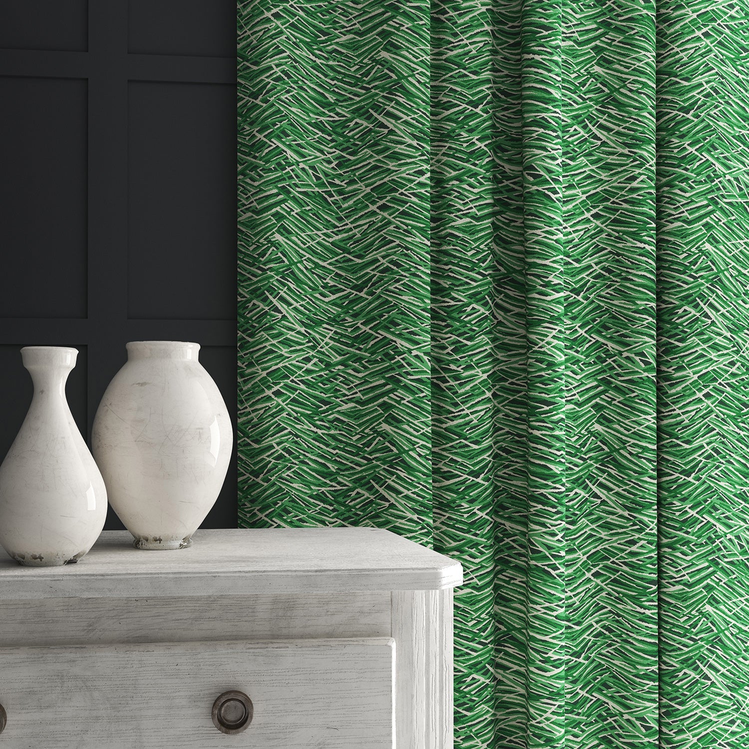 Velvet curtain in a luxury green velvet fabric with abstract design