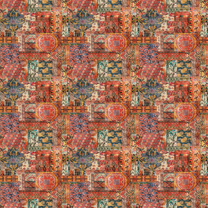 Multicoloured velvet fabric with a carpet design and stain resistant finish