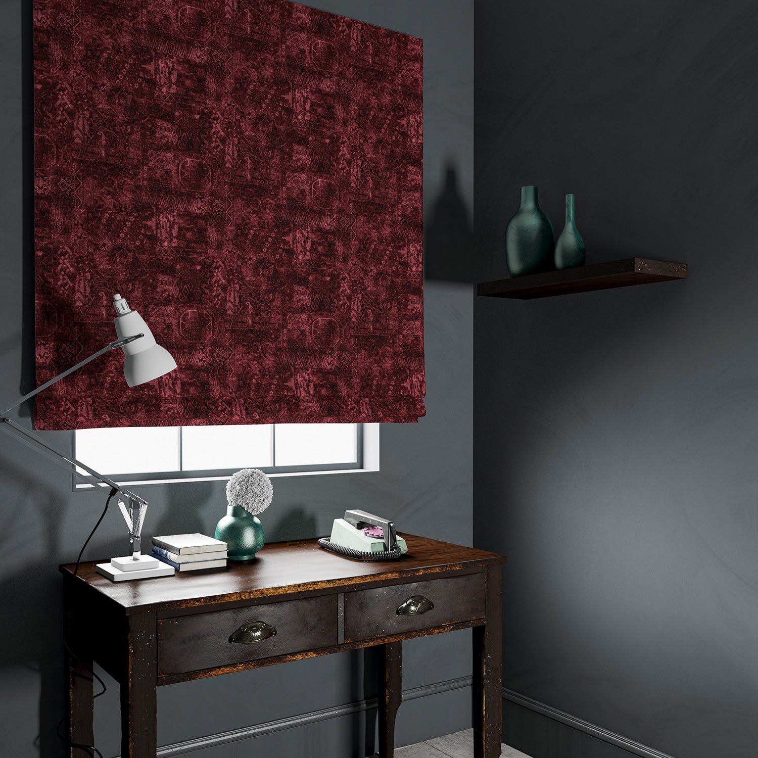 Velvet blind in a dark red velvet fabric with a contemporary carpet design