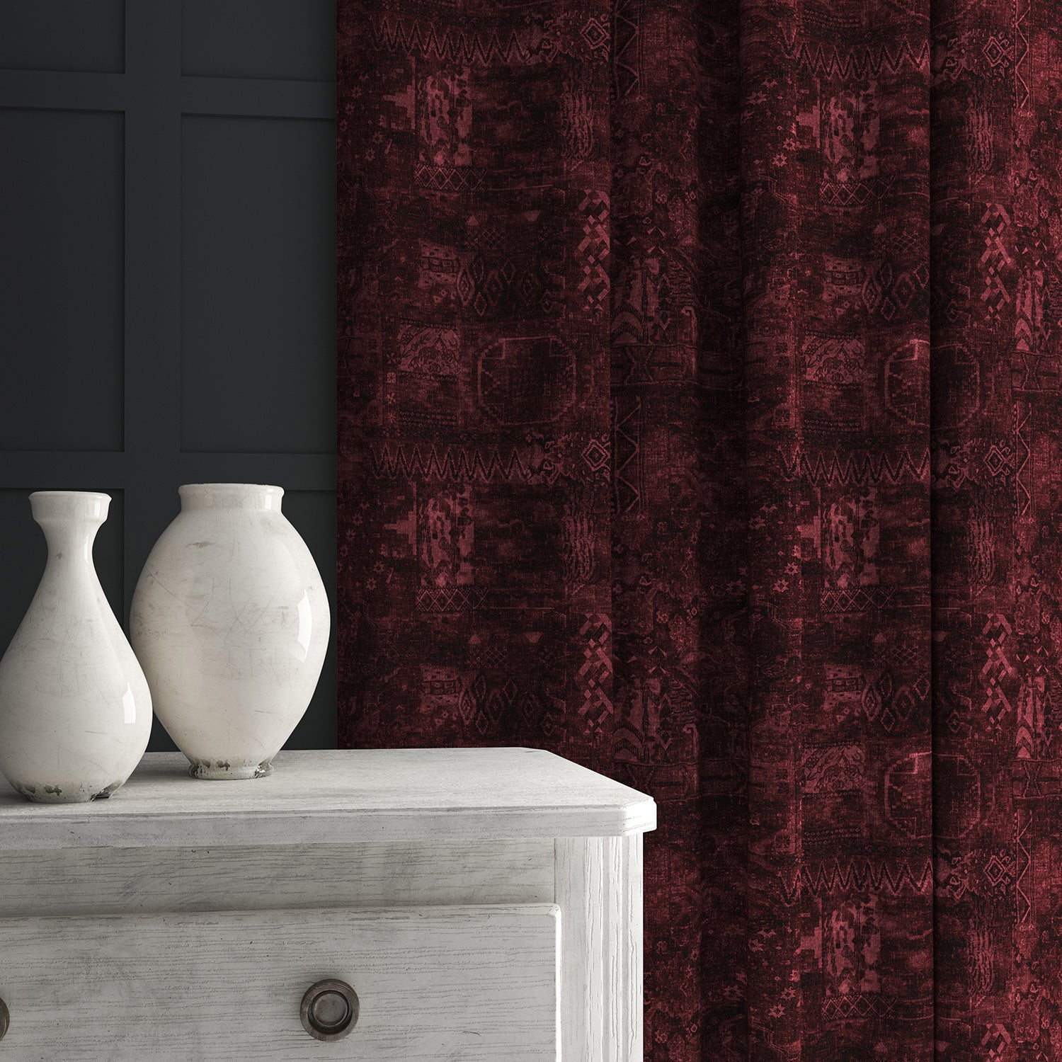 Velvet curtain in a dark red velvet fabric with a contemporary carpet design