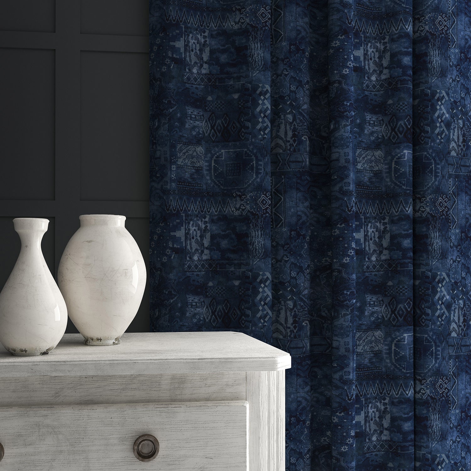 Velvet curtain in a blue velvet fabric with a contemporary carpet design