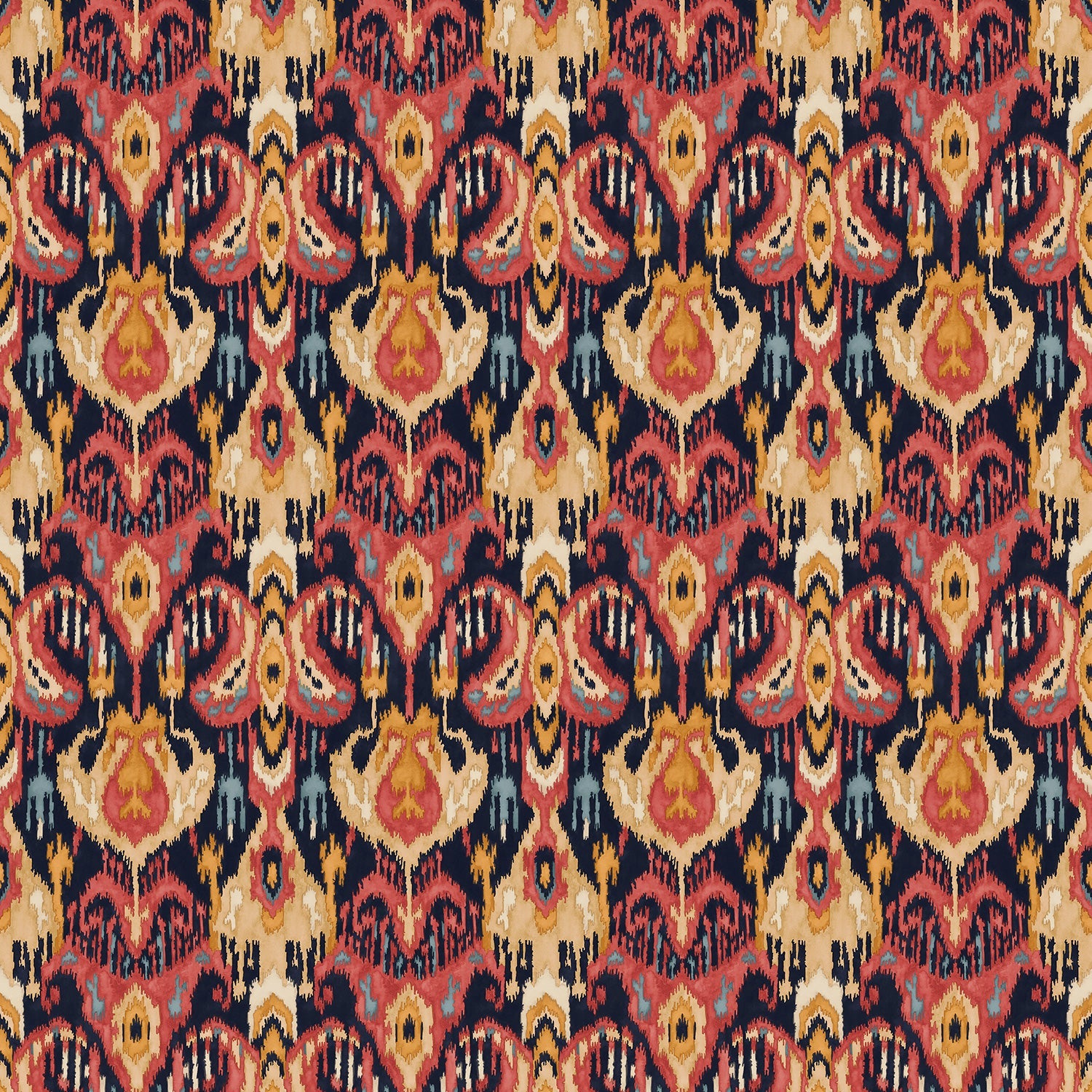 Velvet fabric with a stain resistant finish with an abstract contemporary design in red and orange colours