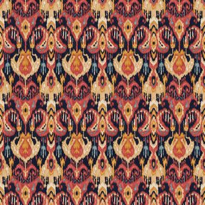 Velvet fabric with a stain resistant finish with an abstract contemporary design in red and orange colours