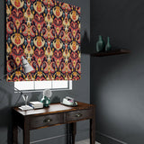 Velvet blind in a red and orange velvet fabric with contemporary abstract design