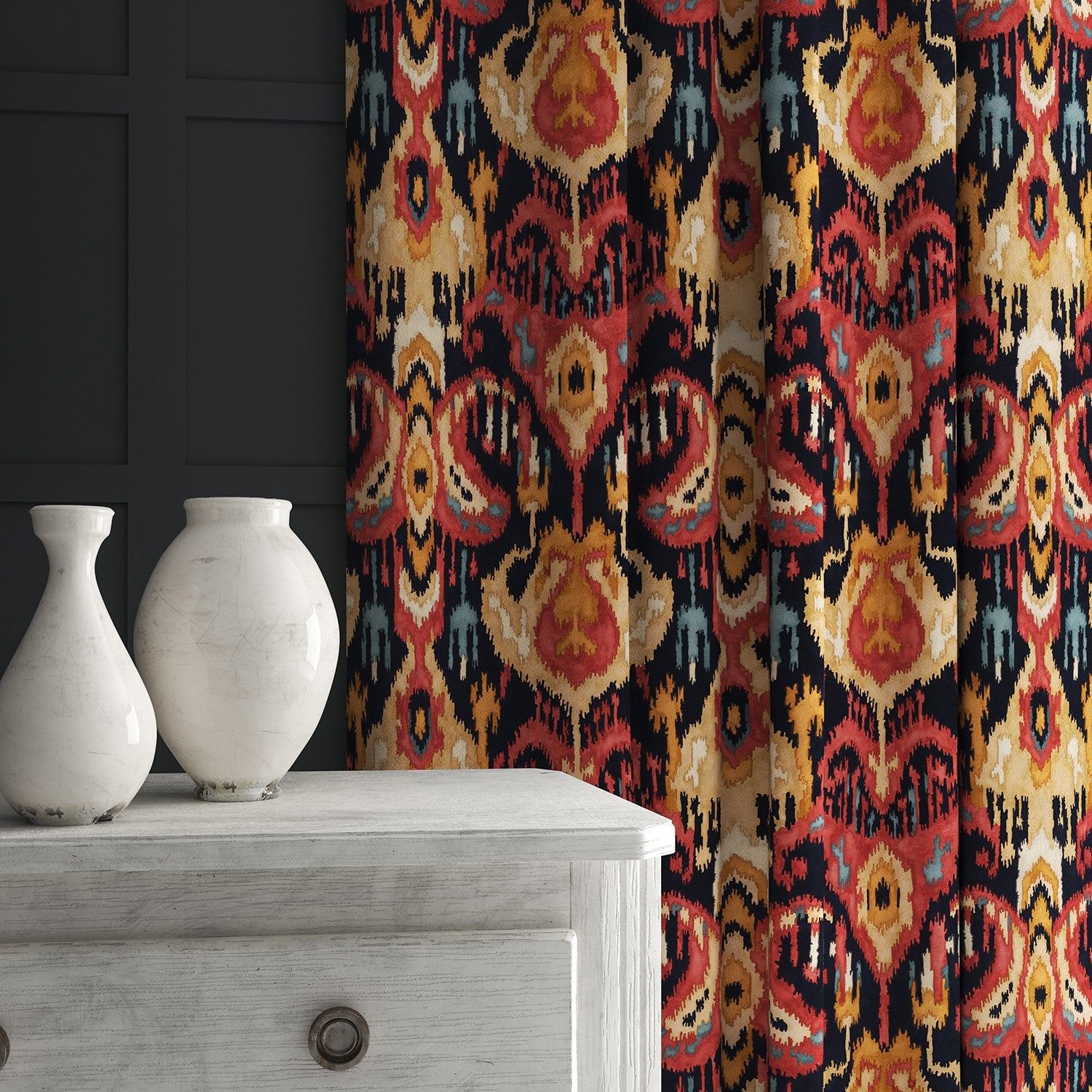 Velvet curtain in a red and orange velvet fabric with contemporary abstract design