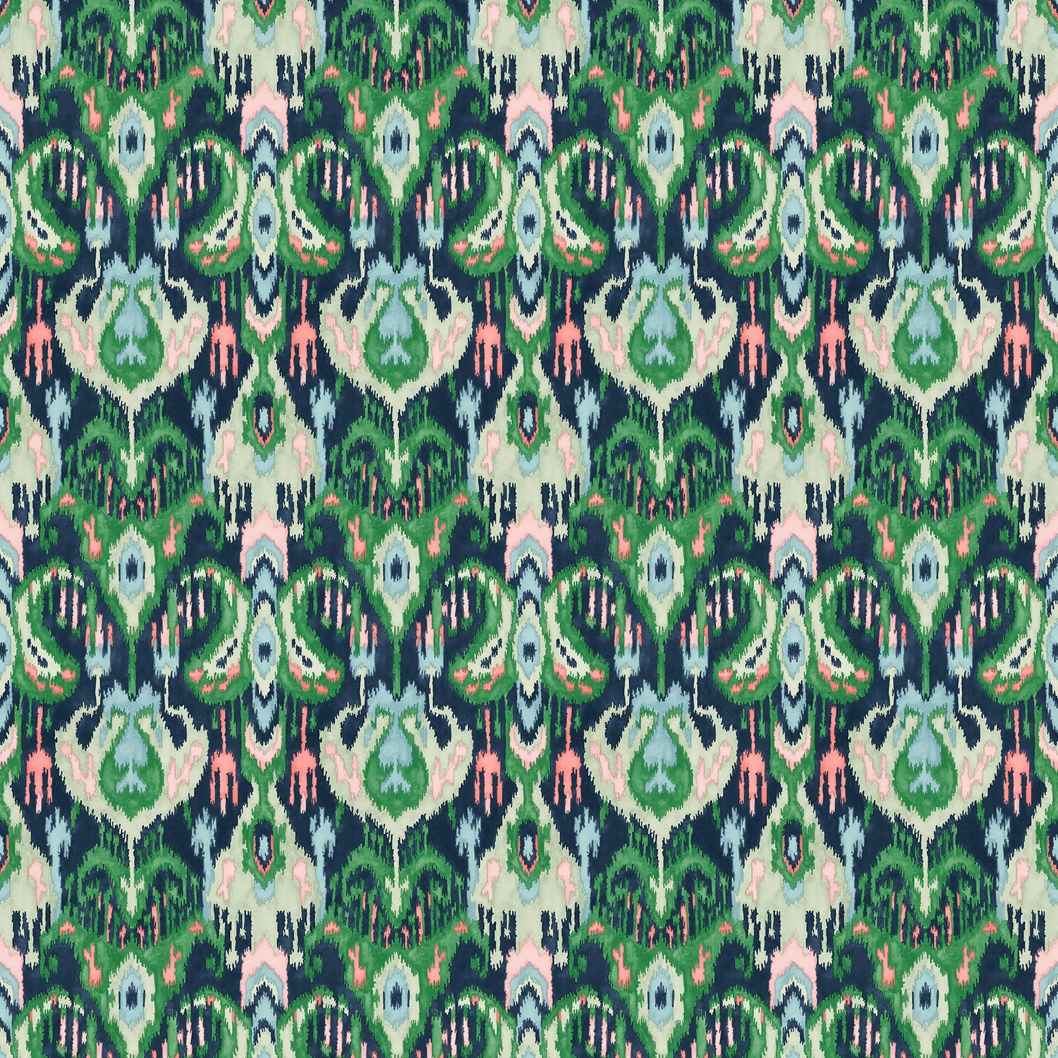 Velvet fabric with a stain resistant finish with an abstract contemporary design in green and blue colours