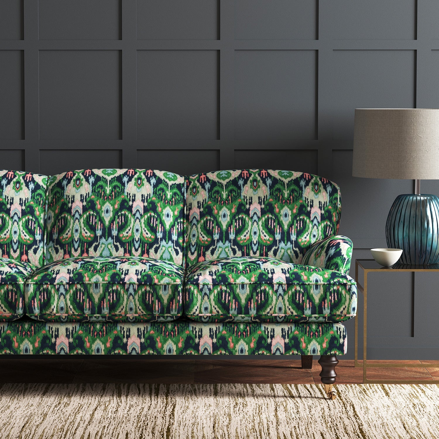 Velvet sofa upholstered in a stain resistant velvet fabric with contemporary abstract design