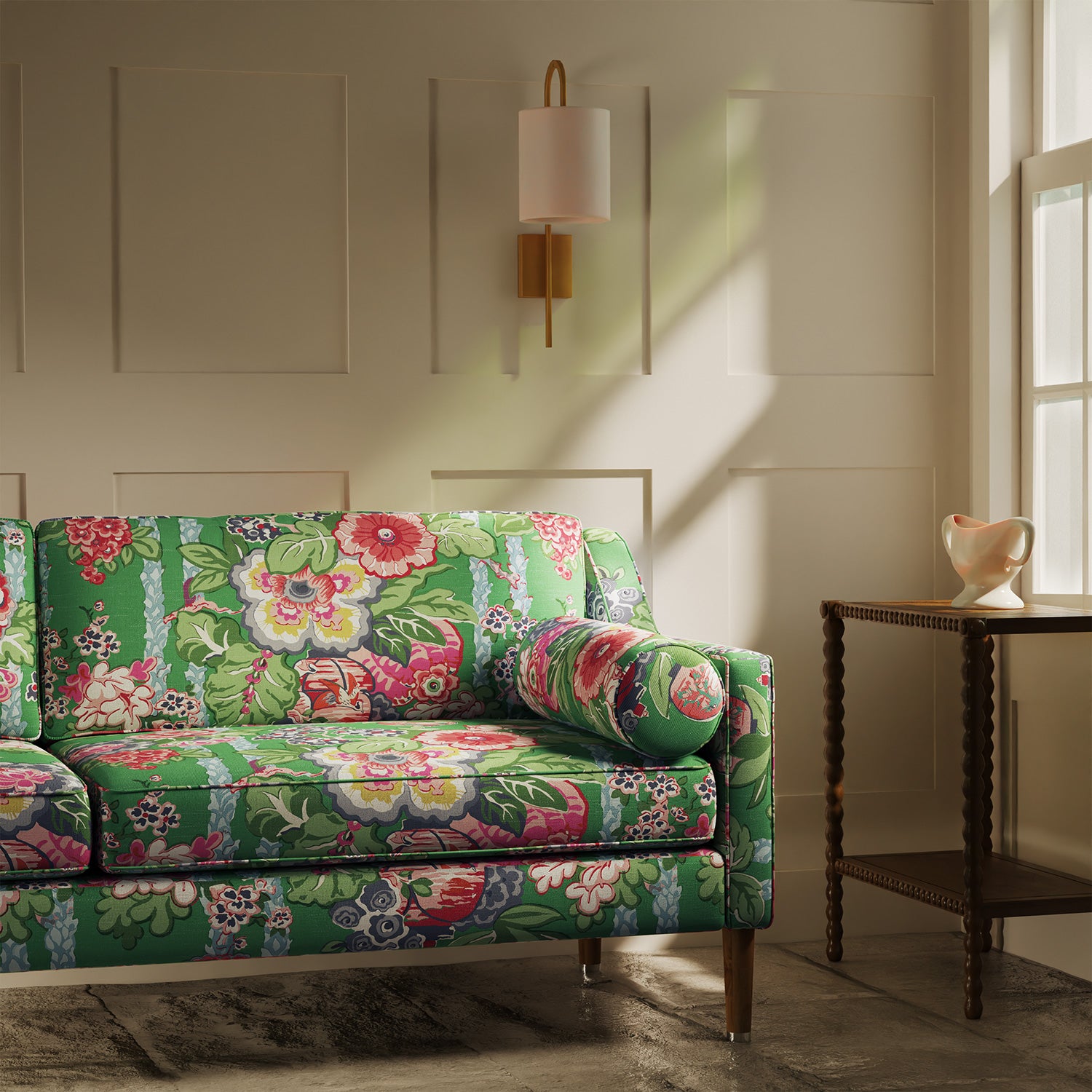 Sofa upholstered in a lively, large scale floral linen fabric