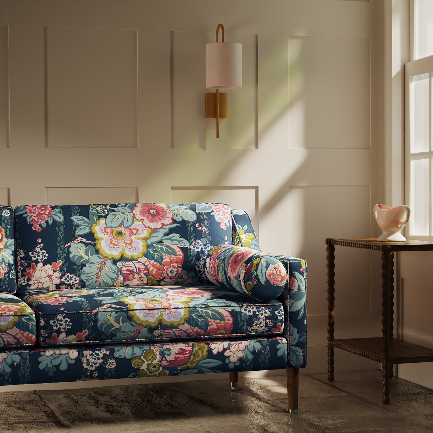 Sofa upholstered in a lively, large scale floral linen fabric