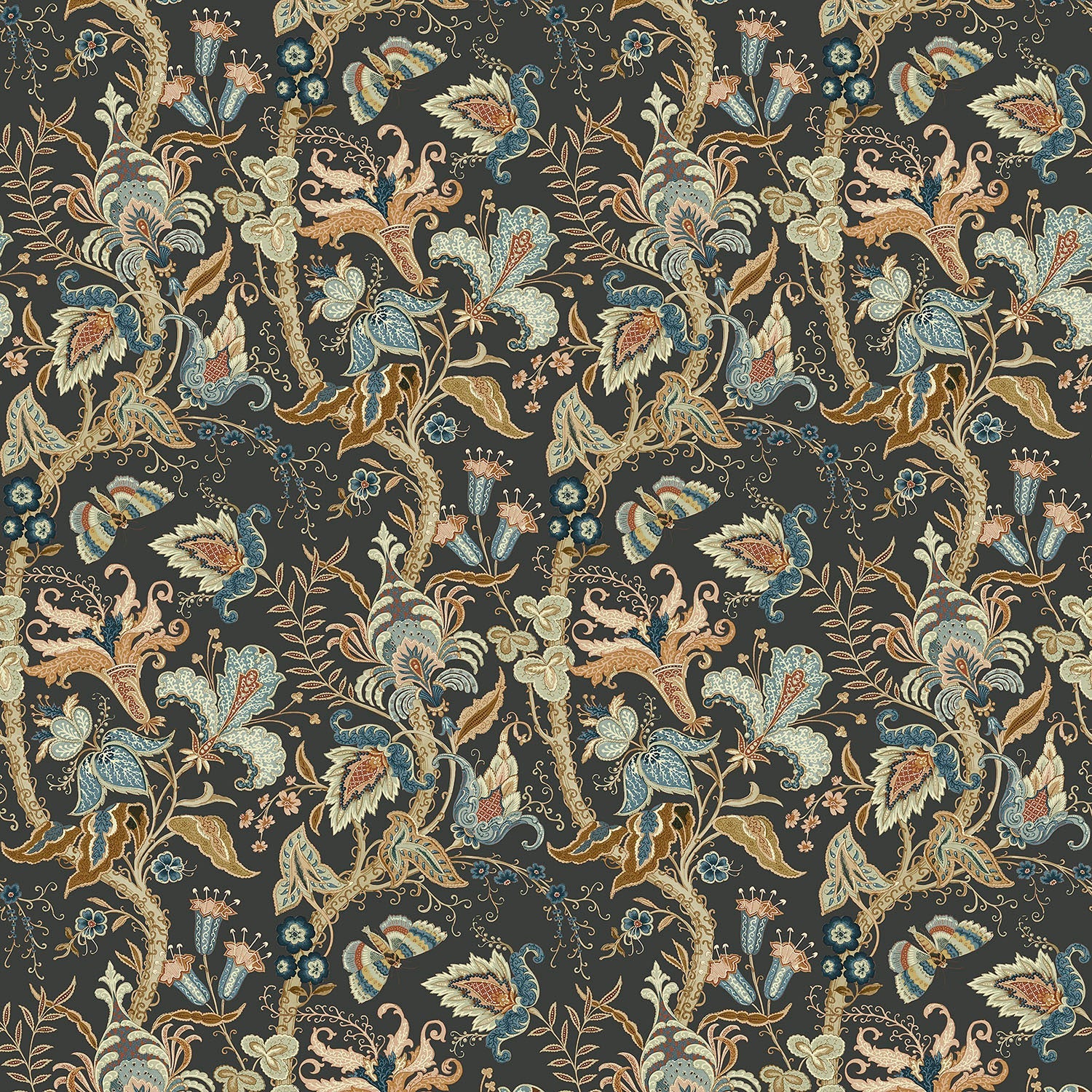 Fabric sample of a dark grey fabric with stylised floral design