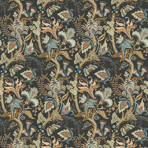 Fabric sample of a dark grey fabric with stylised floral design