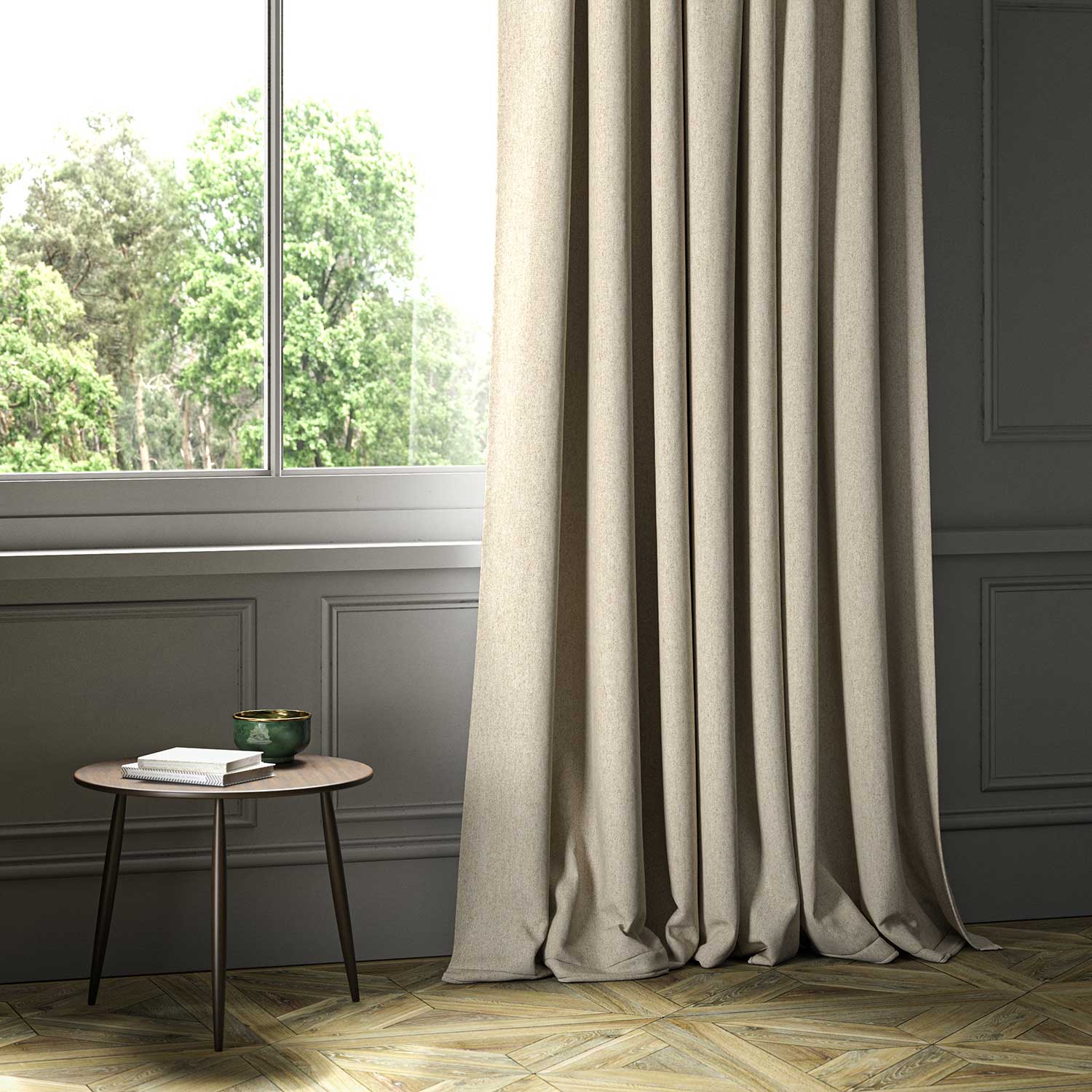 A cream woven fabric shown as a curtain