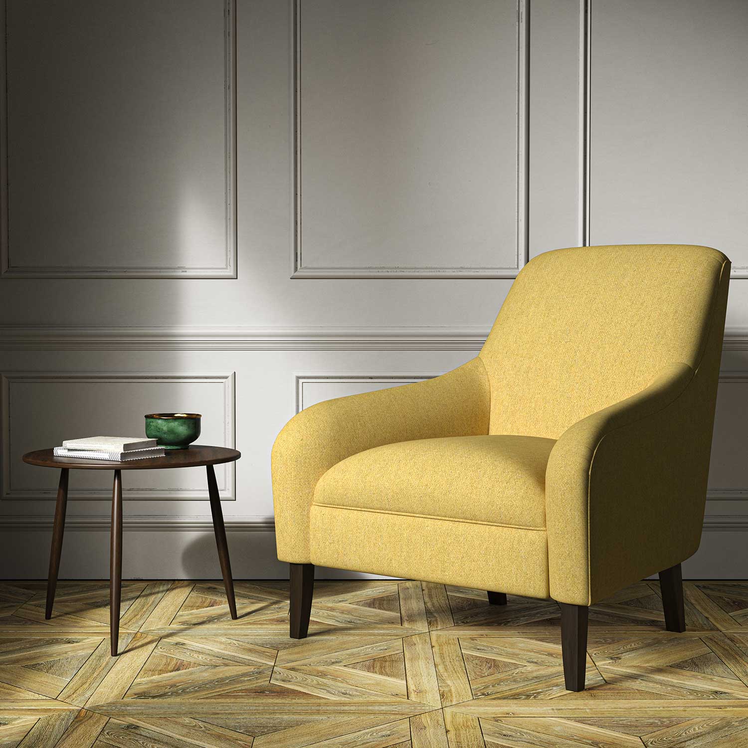 A yellow woven fabric on an armchair.
