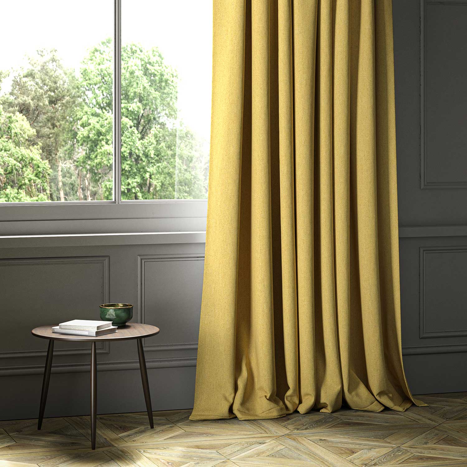 A yellow woven fabric shown as a curtain.