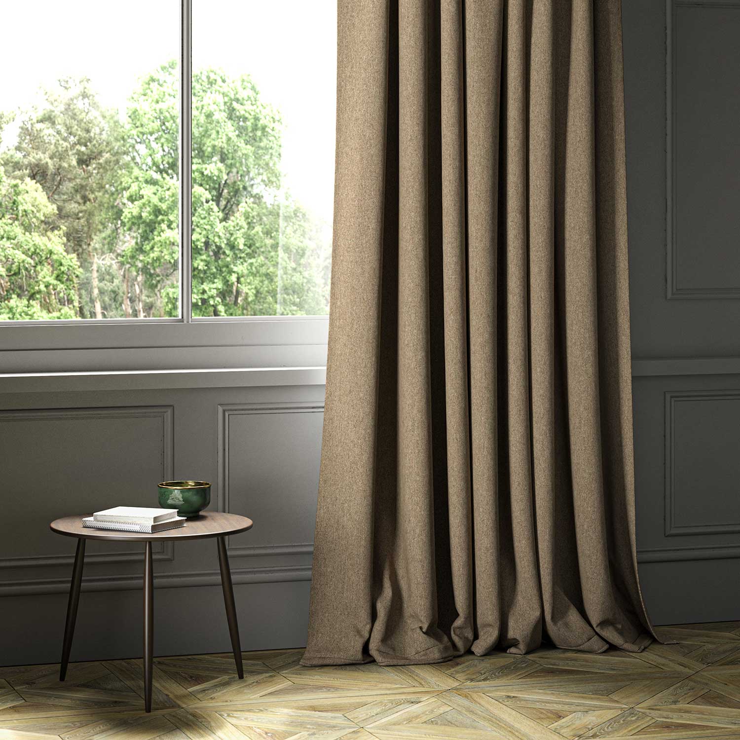 A brown woven fabric shown as a curtain.