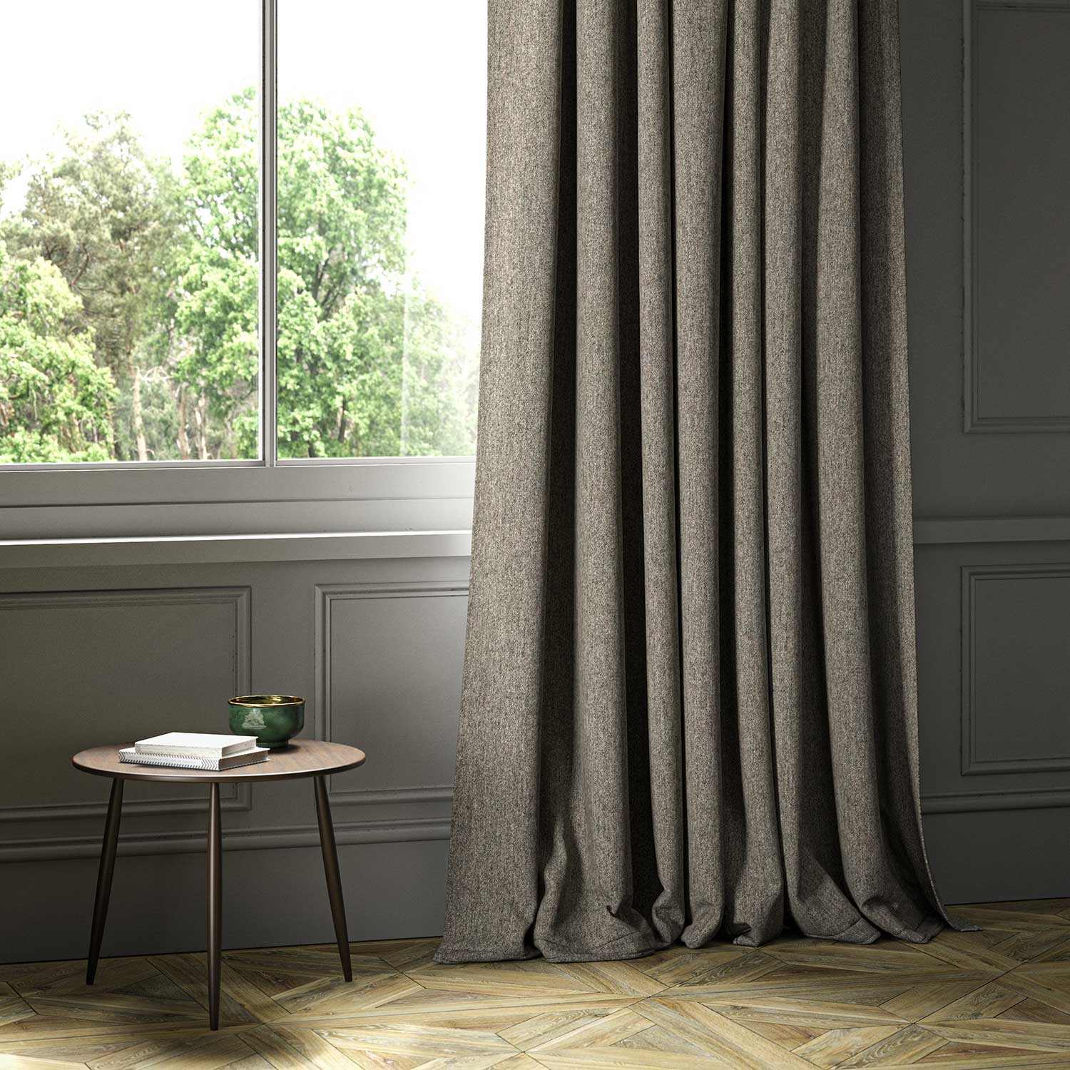 A grey woven fabric on an armchair.
