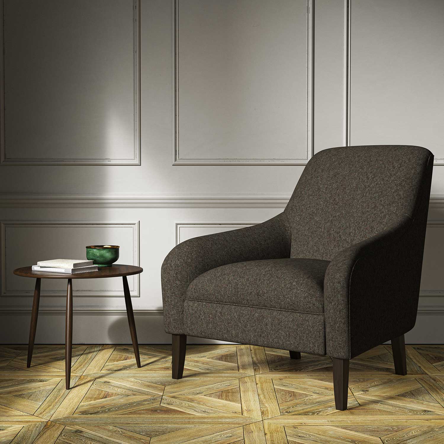 A brown woven fabric on an armchair.