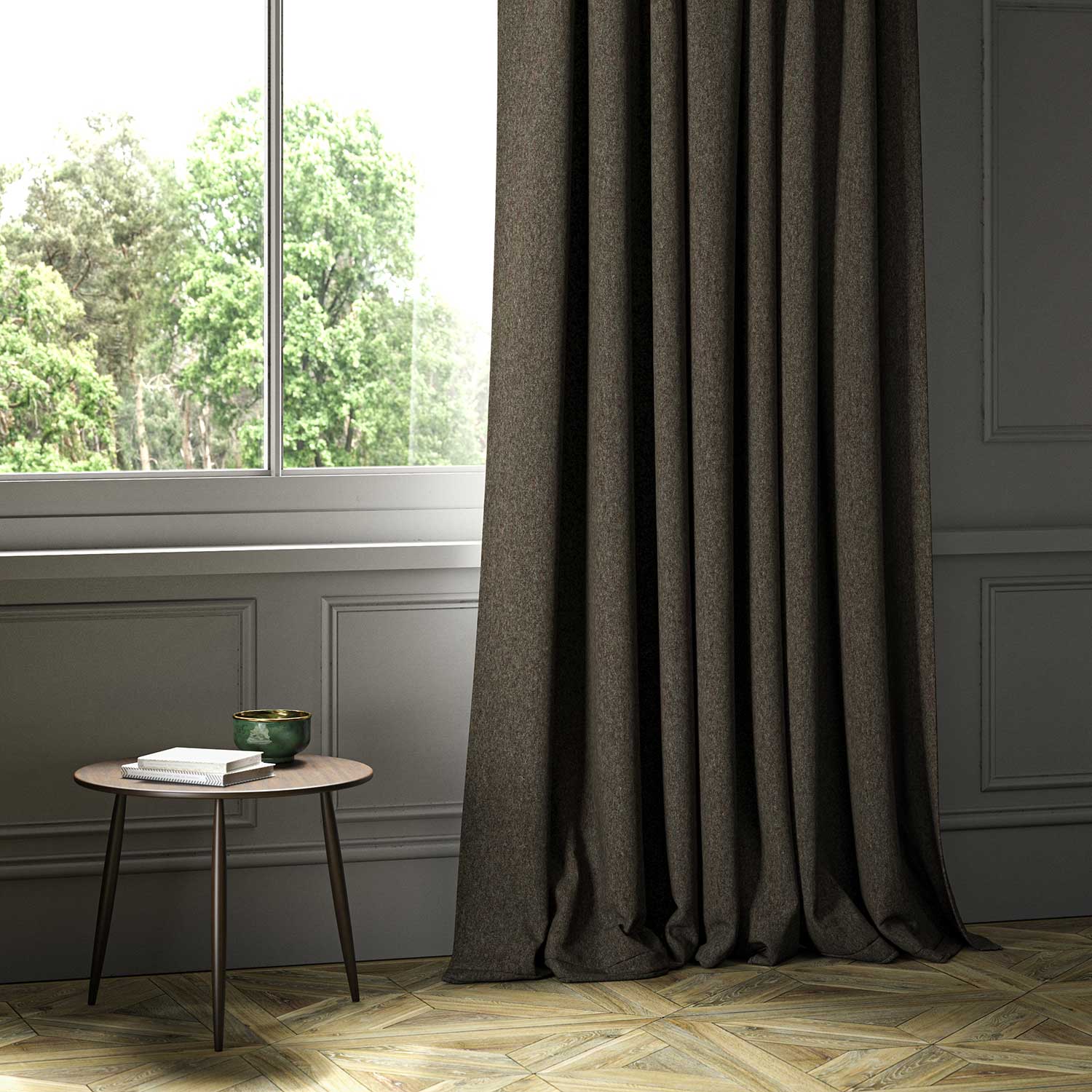 A brown woven fabric shown as a curtain.