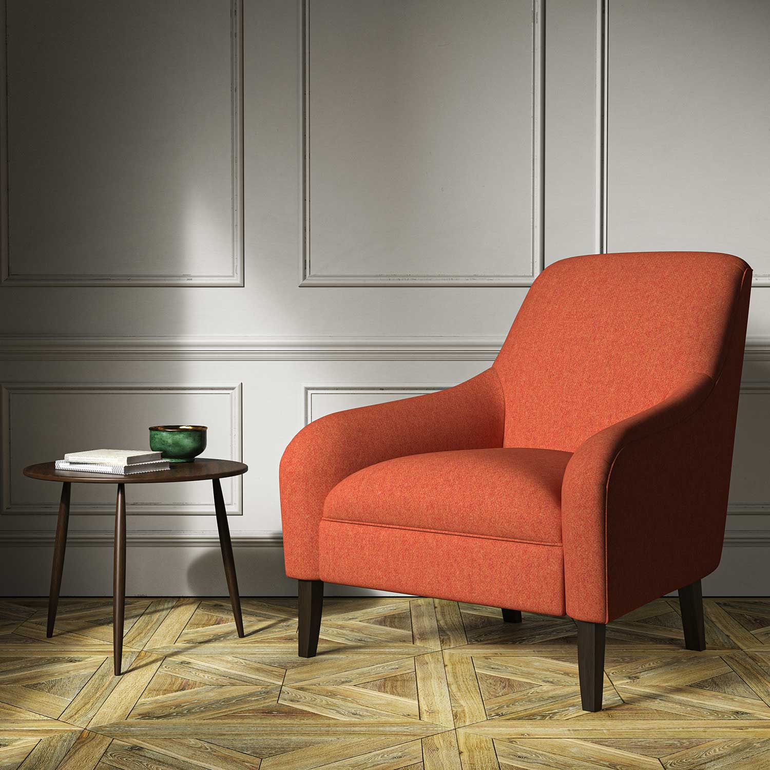 A orange woven fabric on an armchair.