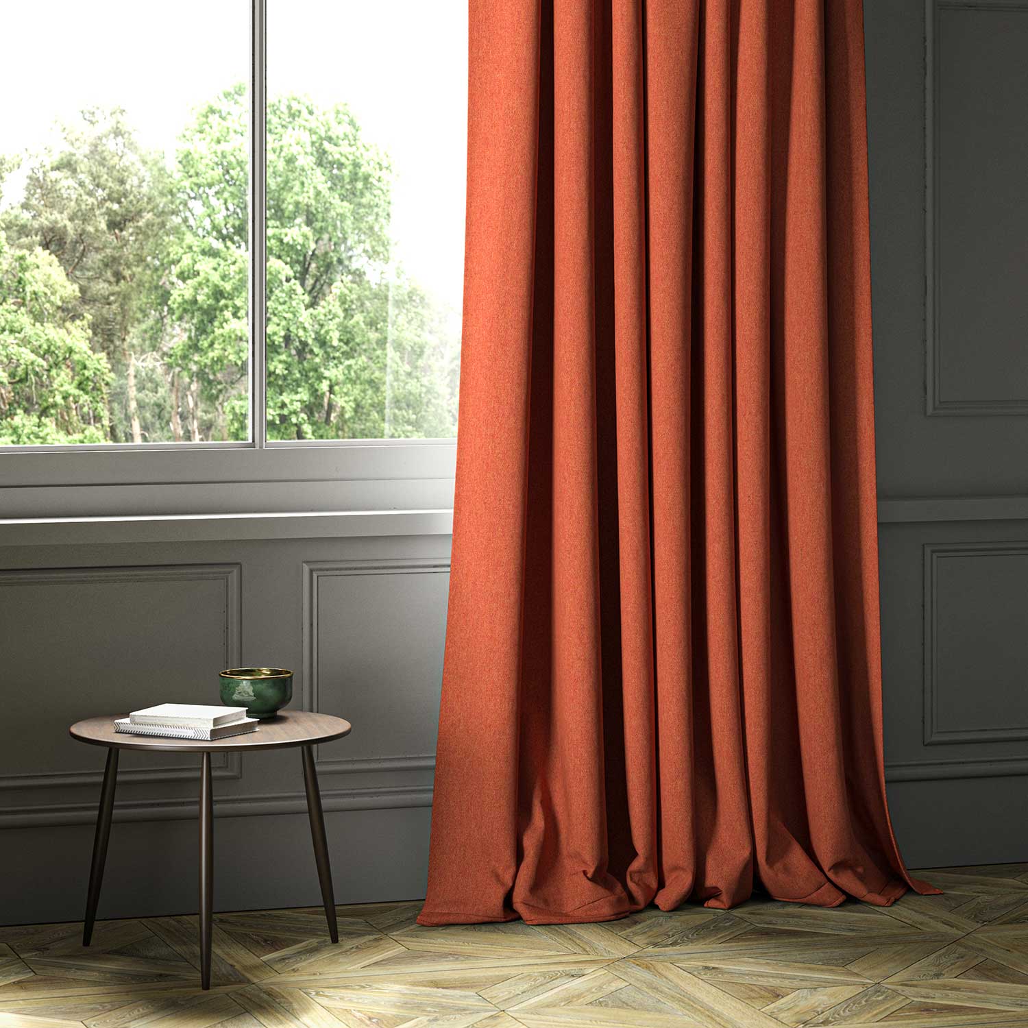 A orange woven fabric shown as a curtain.