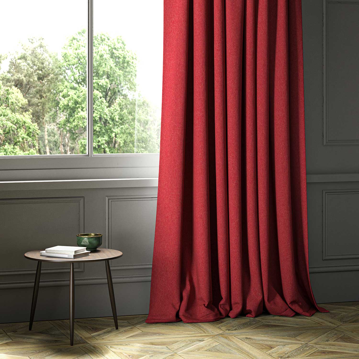 A red woven fabric shown as a curtain.