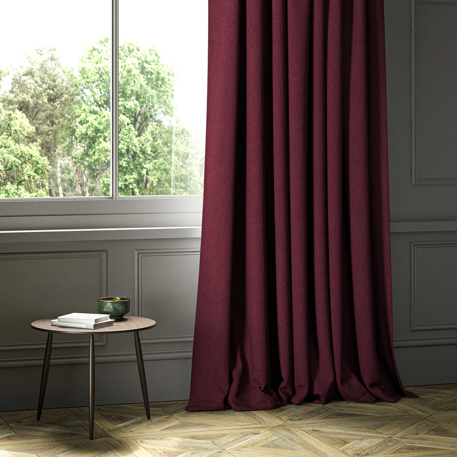 A red woven fabric shown as a curtain.