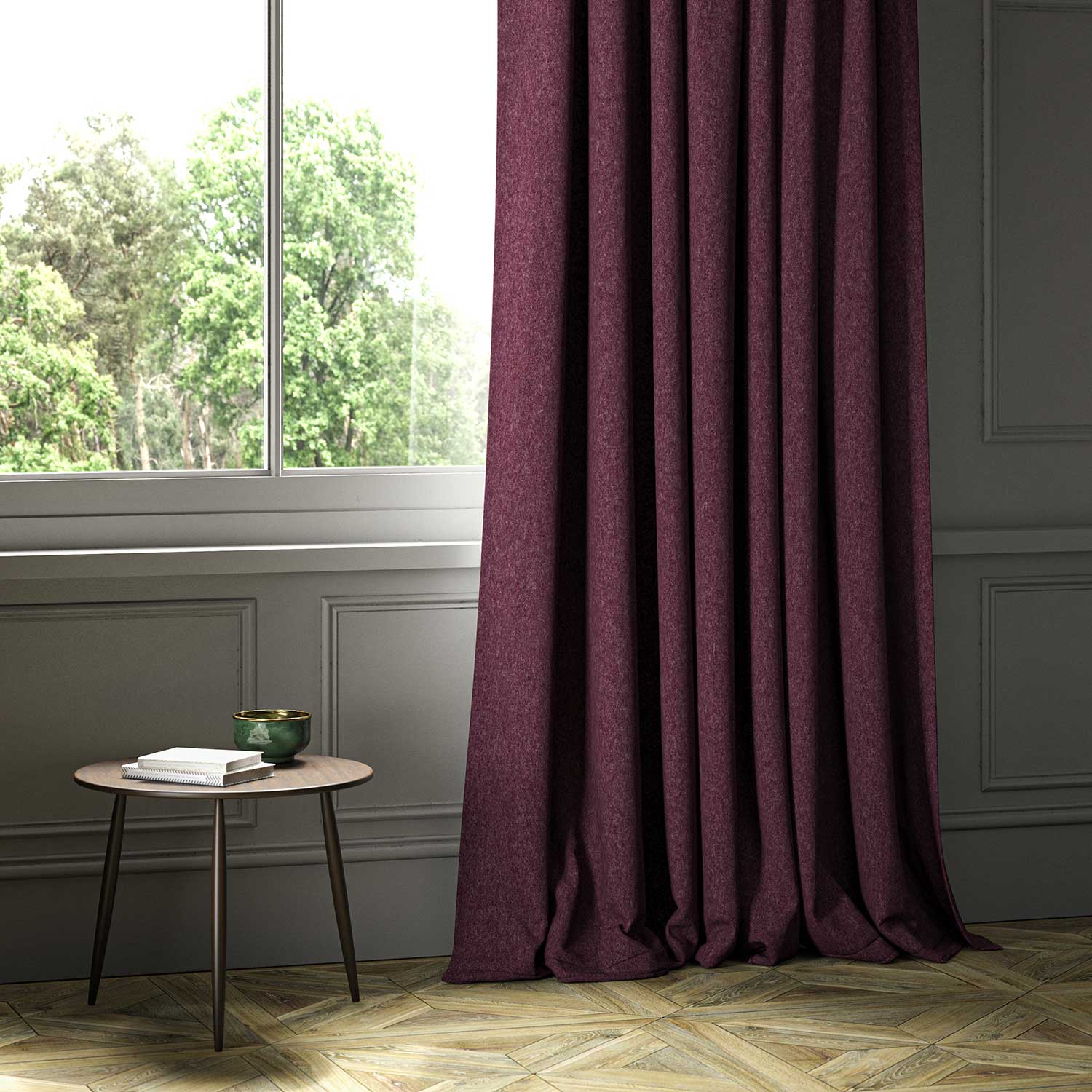 A purple woven fabric shown as a curtain.