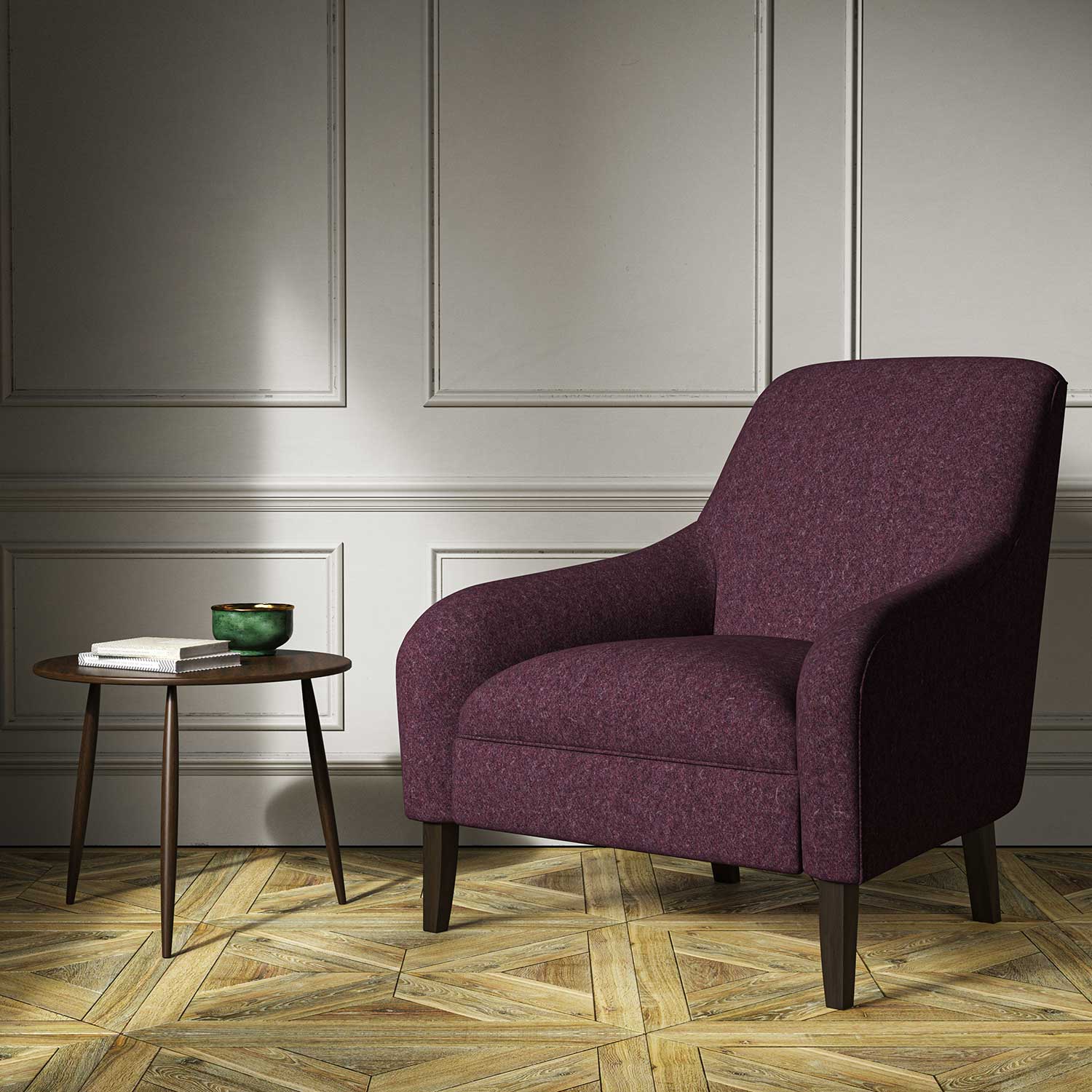 A purple woven fabric on an armchair.