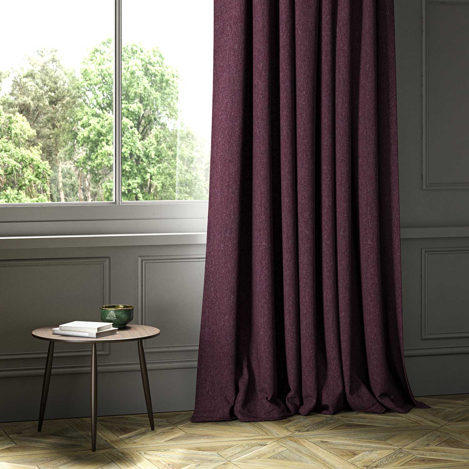 A purple woven fabric on an armchair.