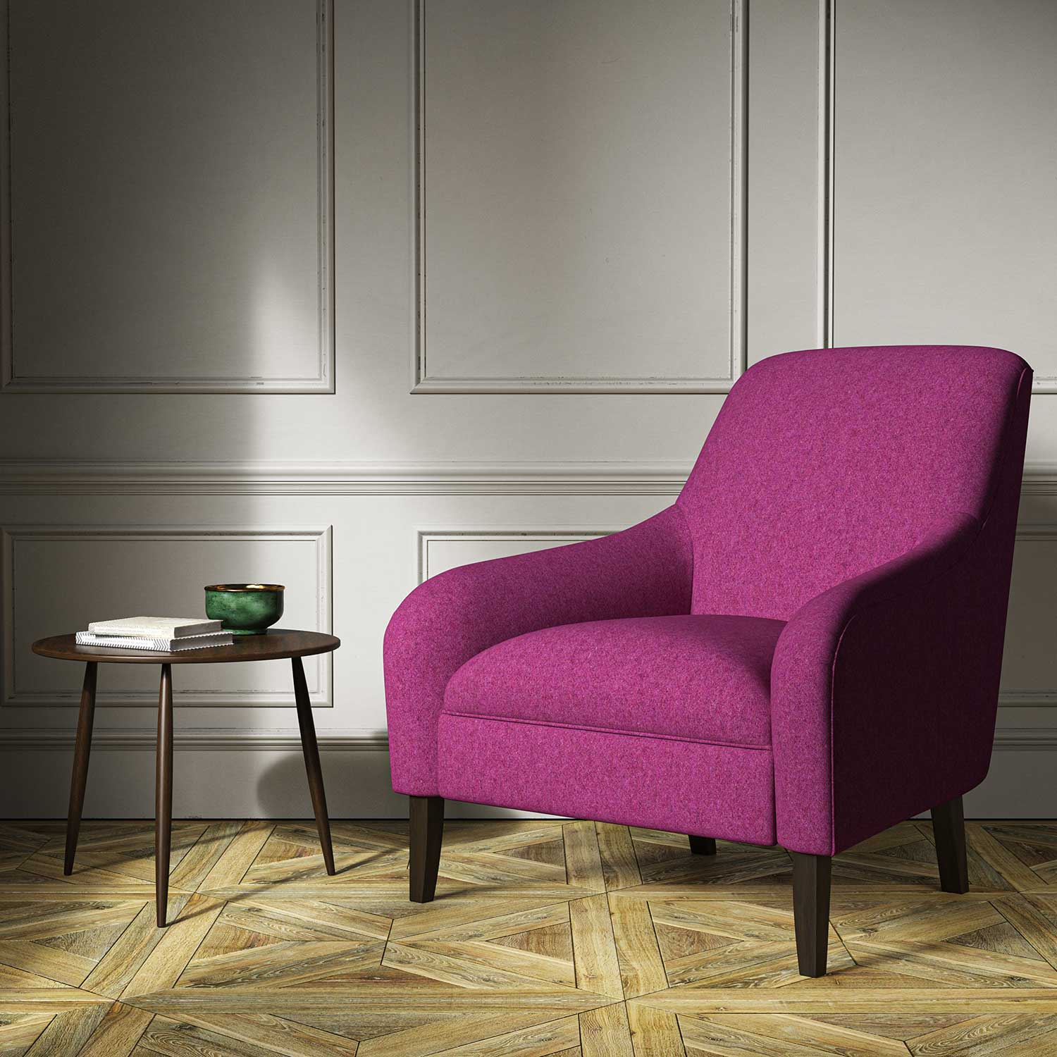 A purple woven fabric on an armchair.