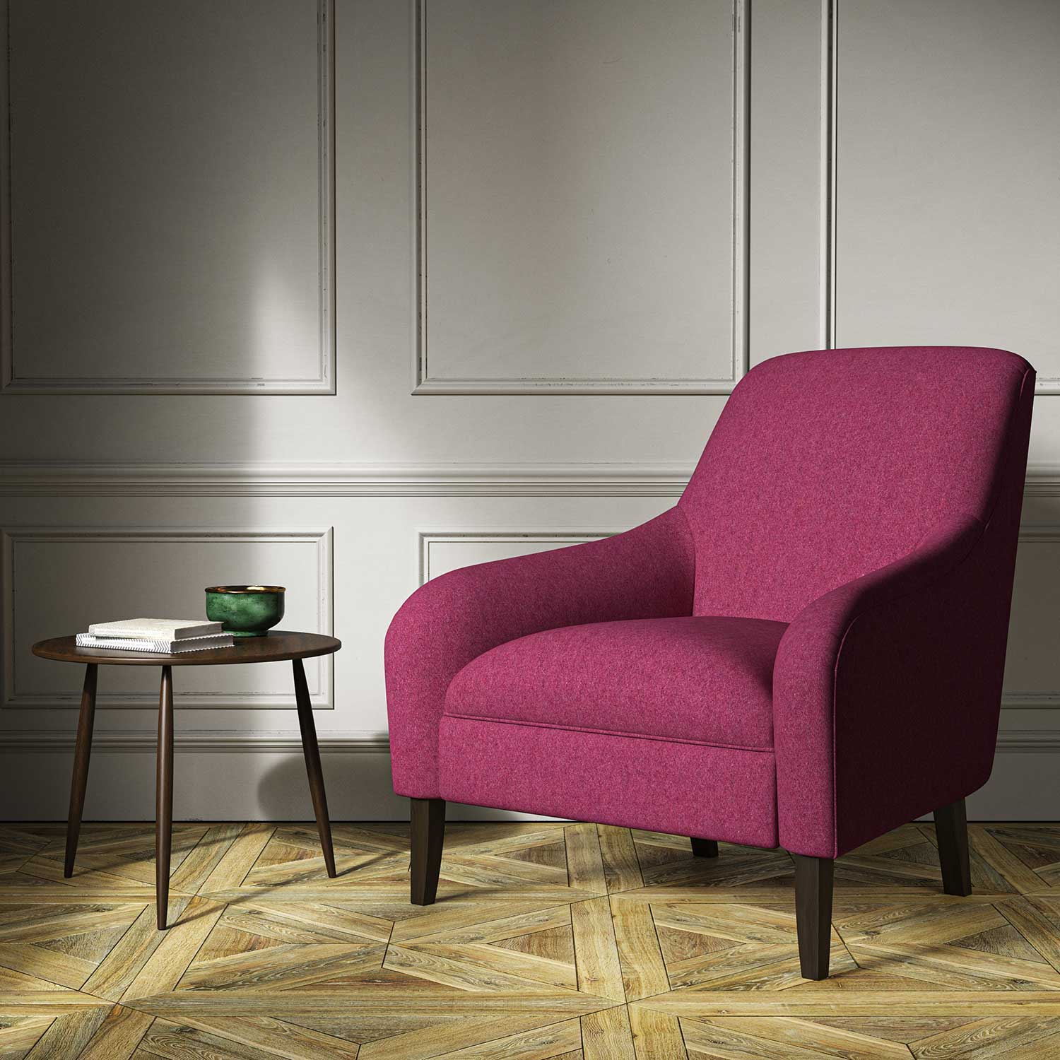 A pink woven fabric on an armchair.