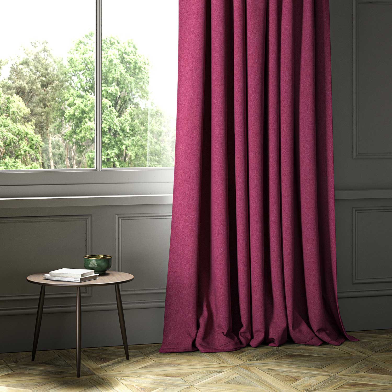 A pink woven fabric shown as a curtain.