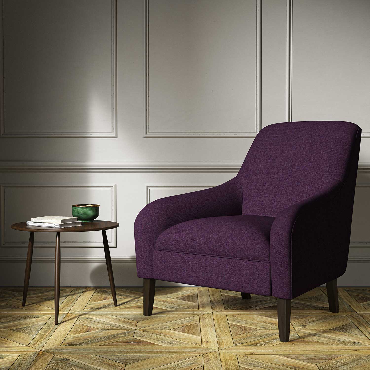 A purple woven fabric on an armchair.