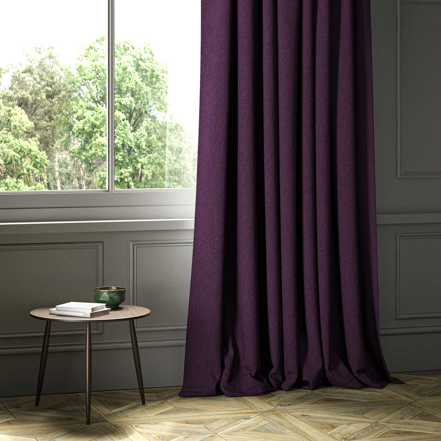 A purple woven fabric shown as a curtain.