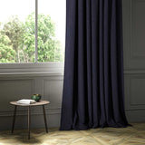 A blue woven fabric shown as a curtain.
