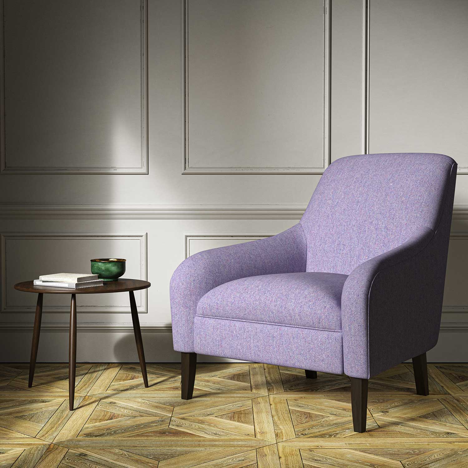 A purple woven fabric on an armchair.