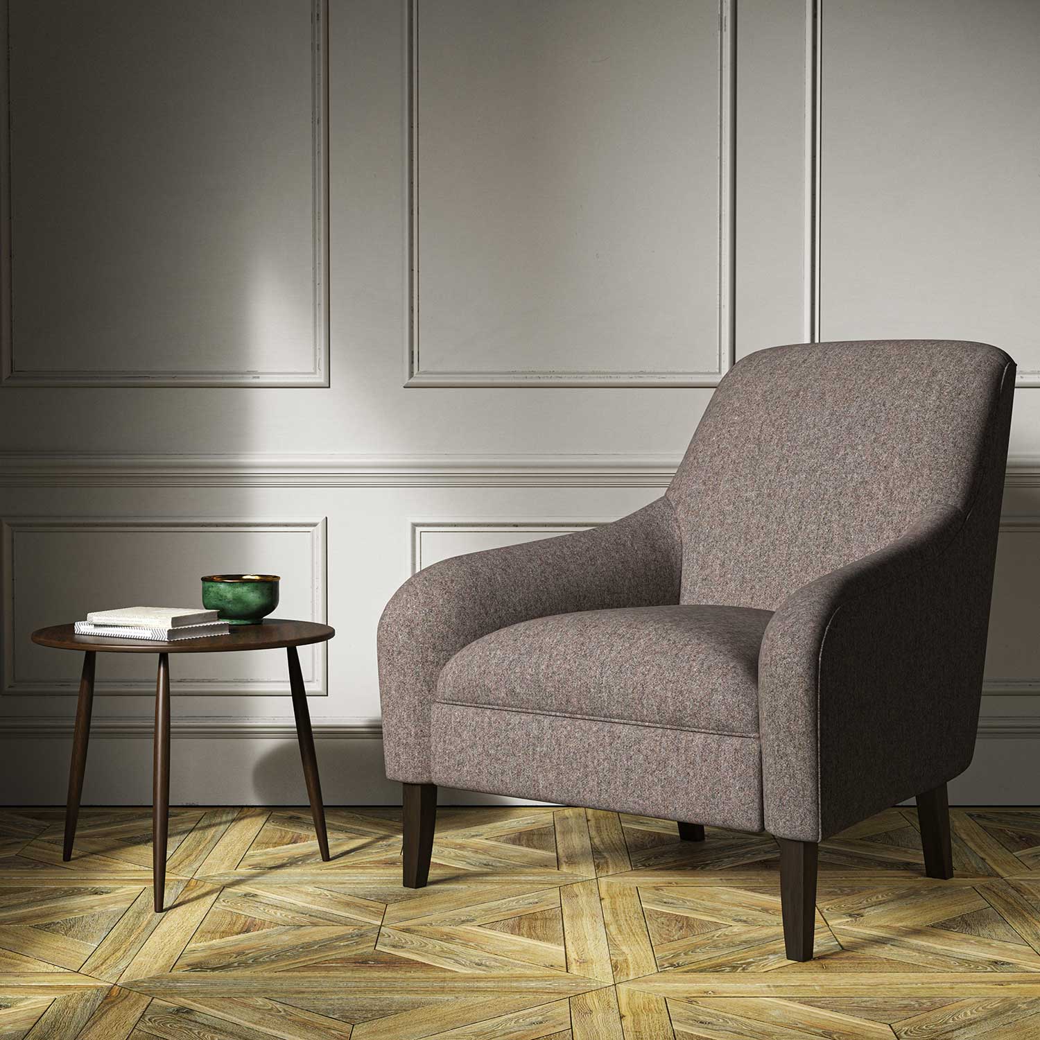 A brown woven fabric on an armchair.