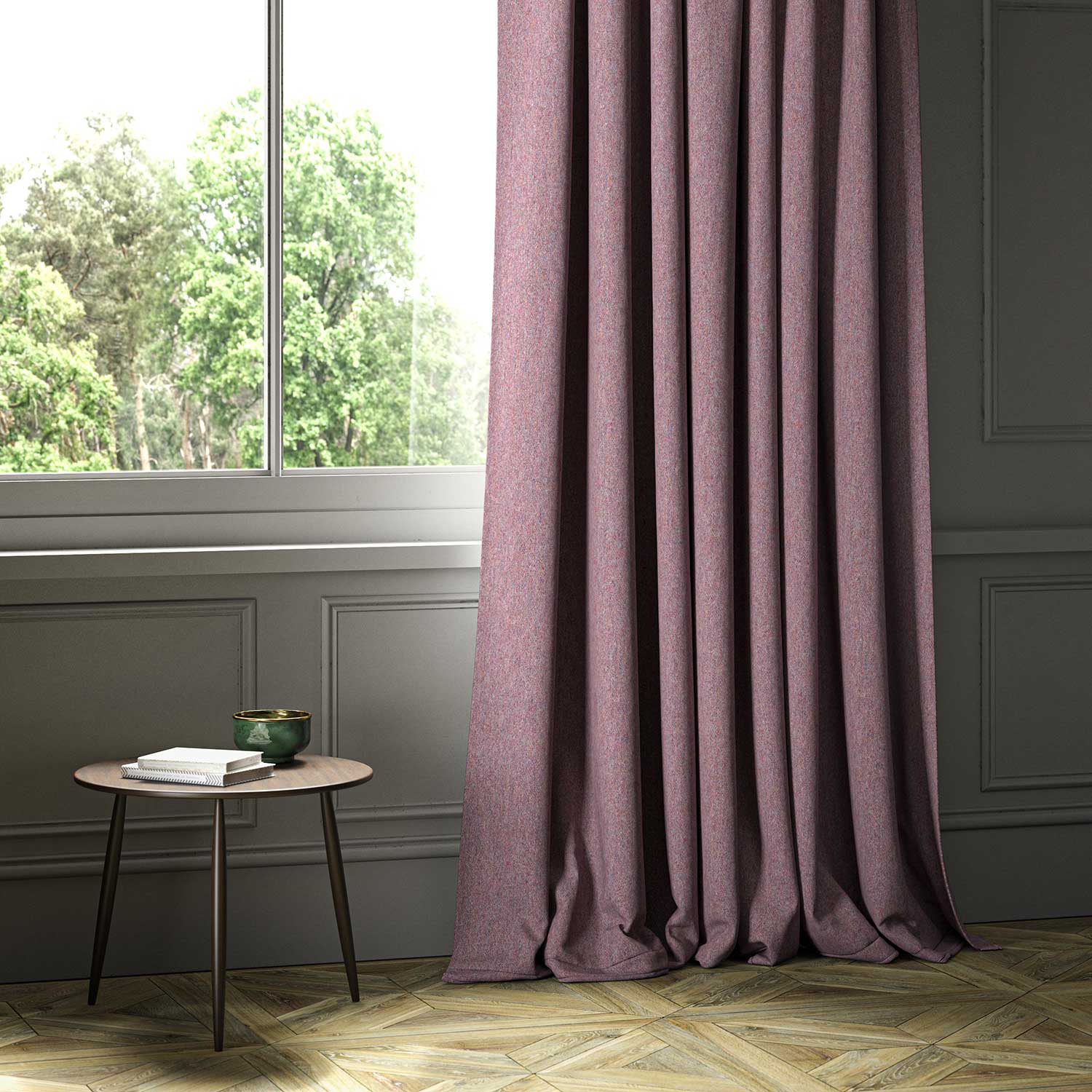 A purple woven fabric shown as a curtain.