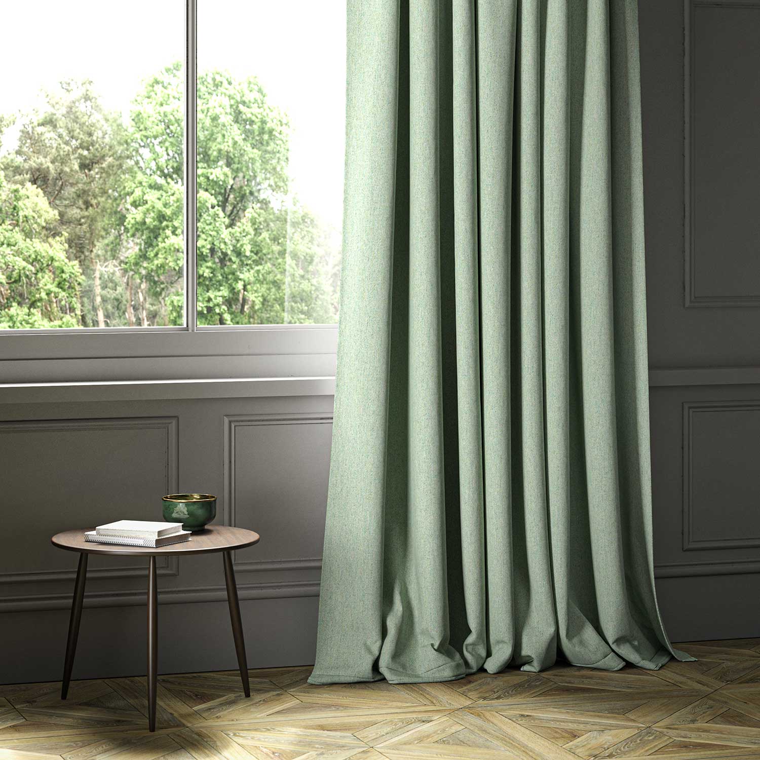 A green woven fabric shown as a curtain.