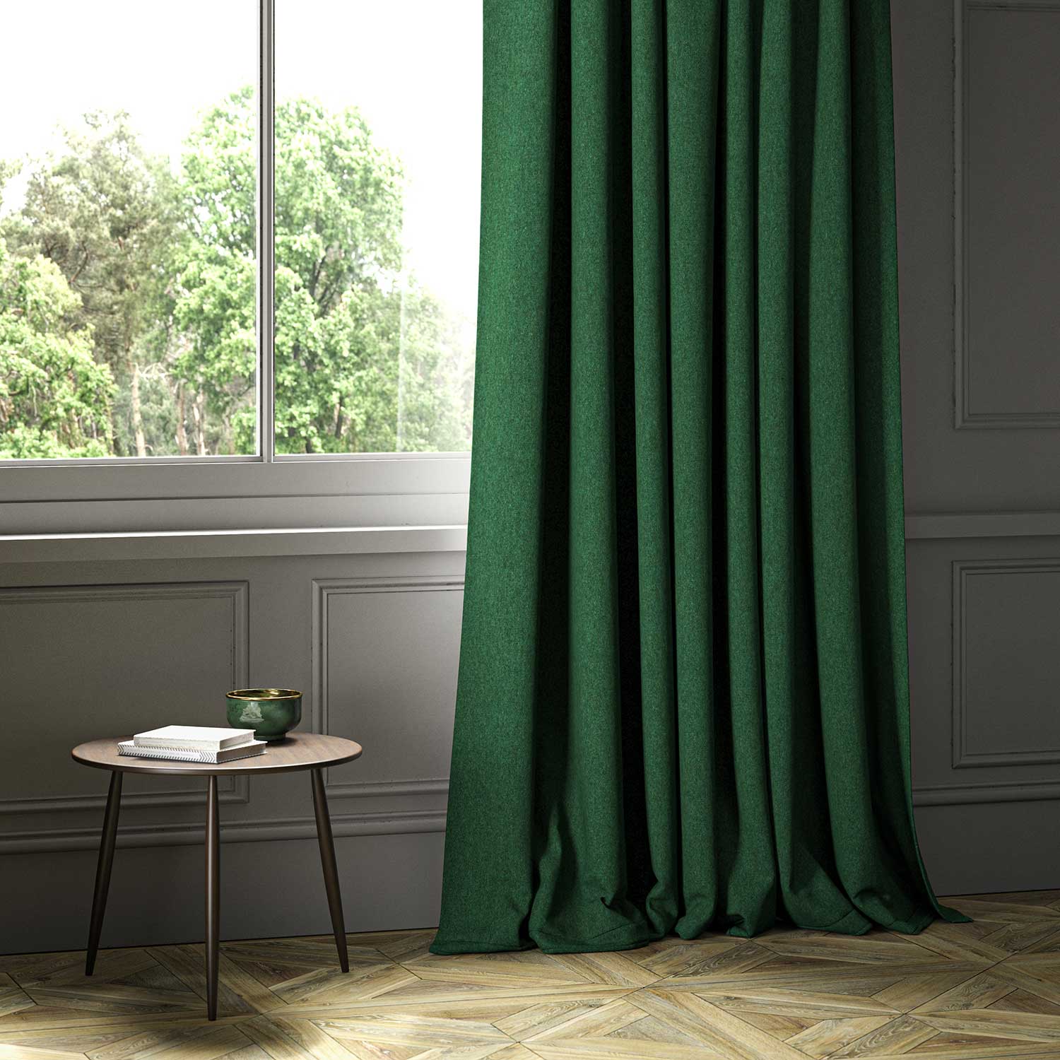 A green woven fabric shown as a curtain.