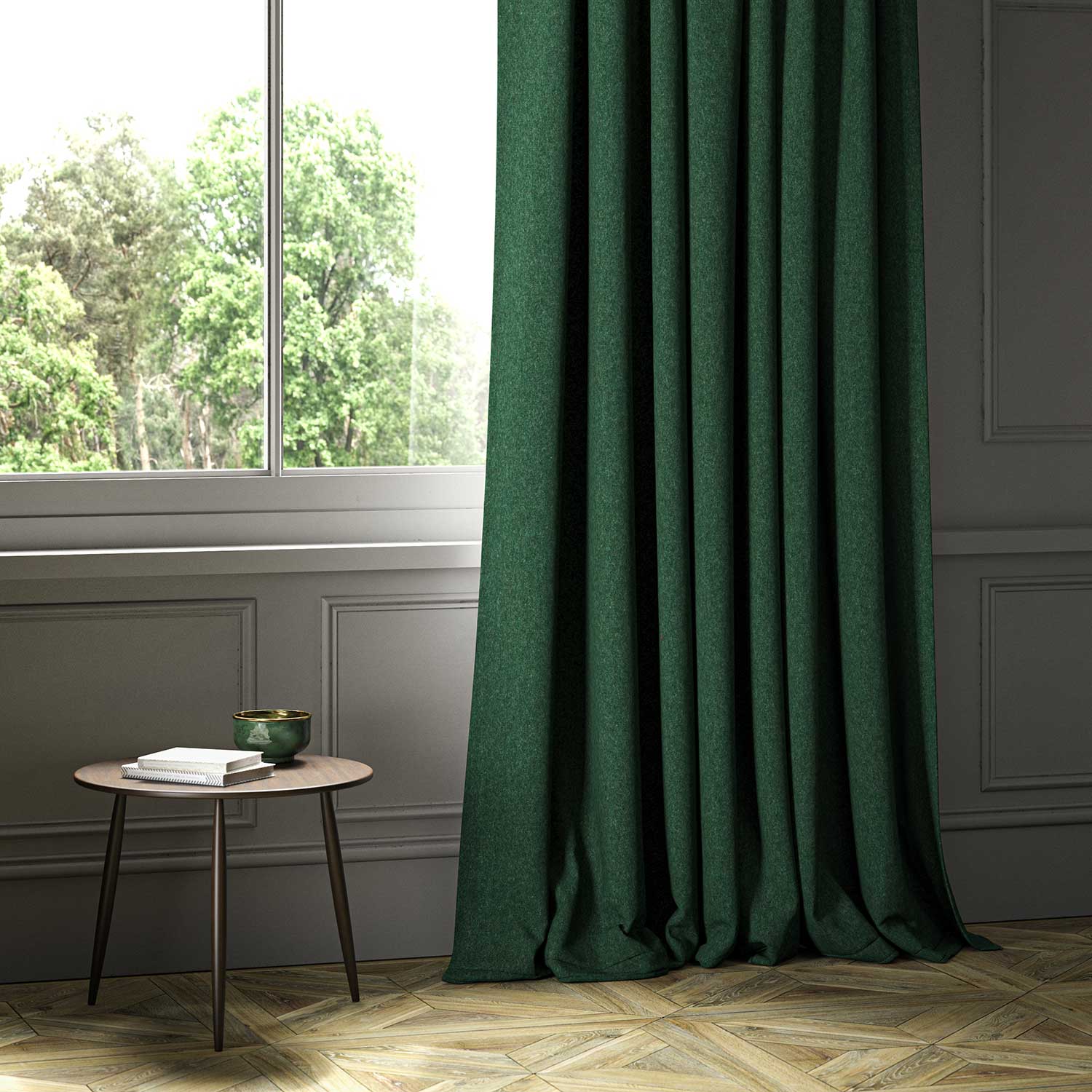 A green woven fabric on an armchair.