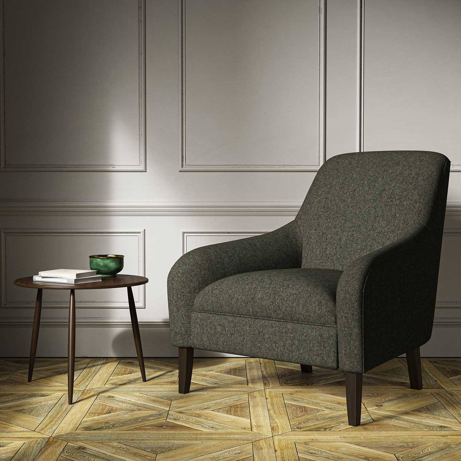 A brown woven fabric on an armchair.