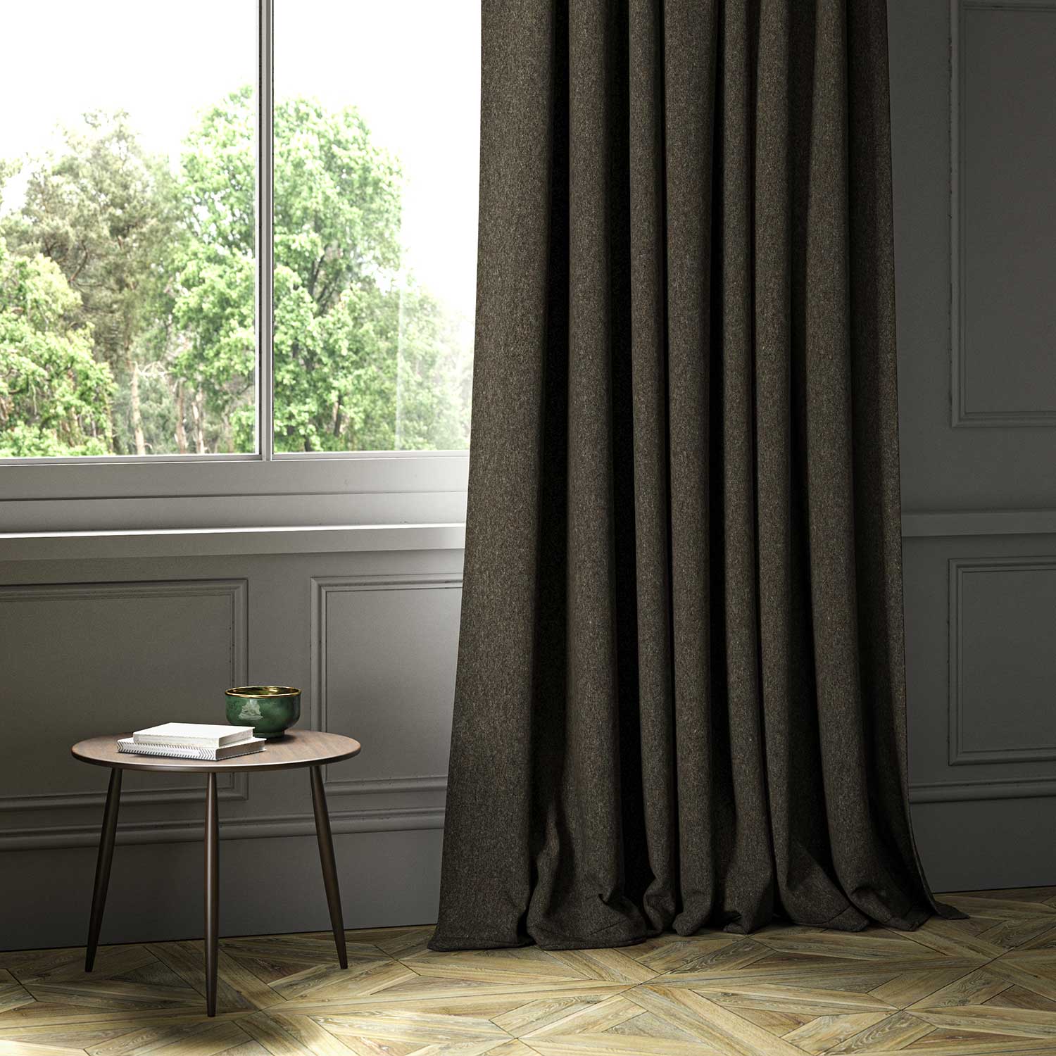A grey woven fabric on an armchair.