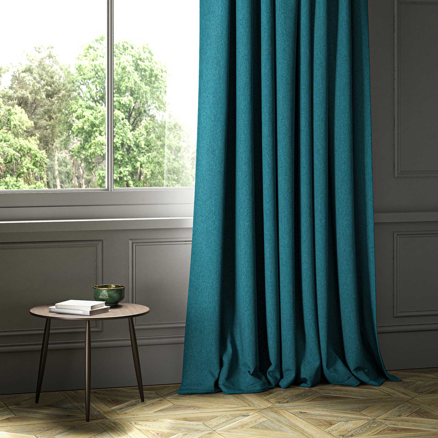 A blue woven fabric on an armchair.