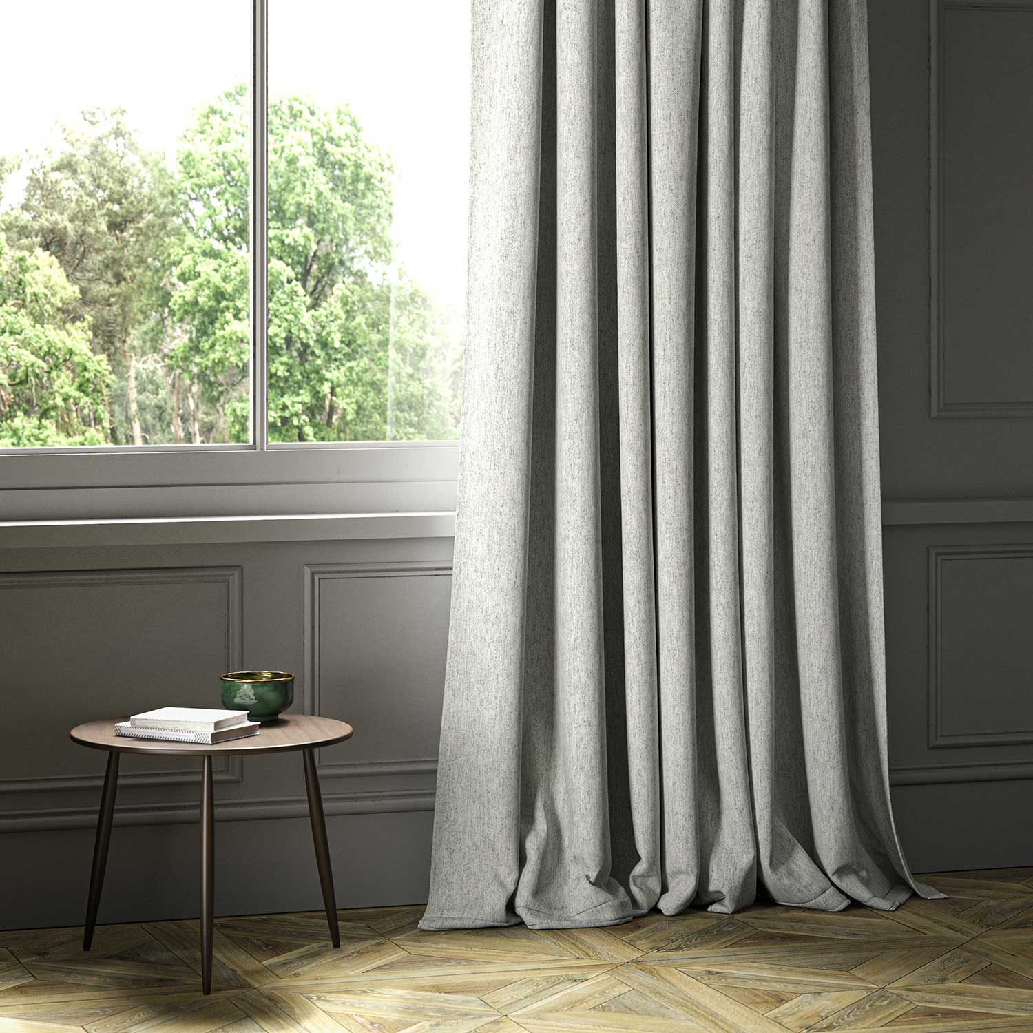 A grey woven fabric shown as a curtain.