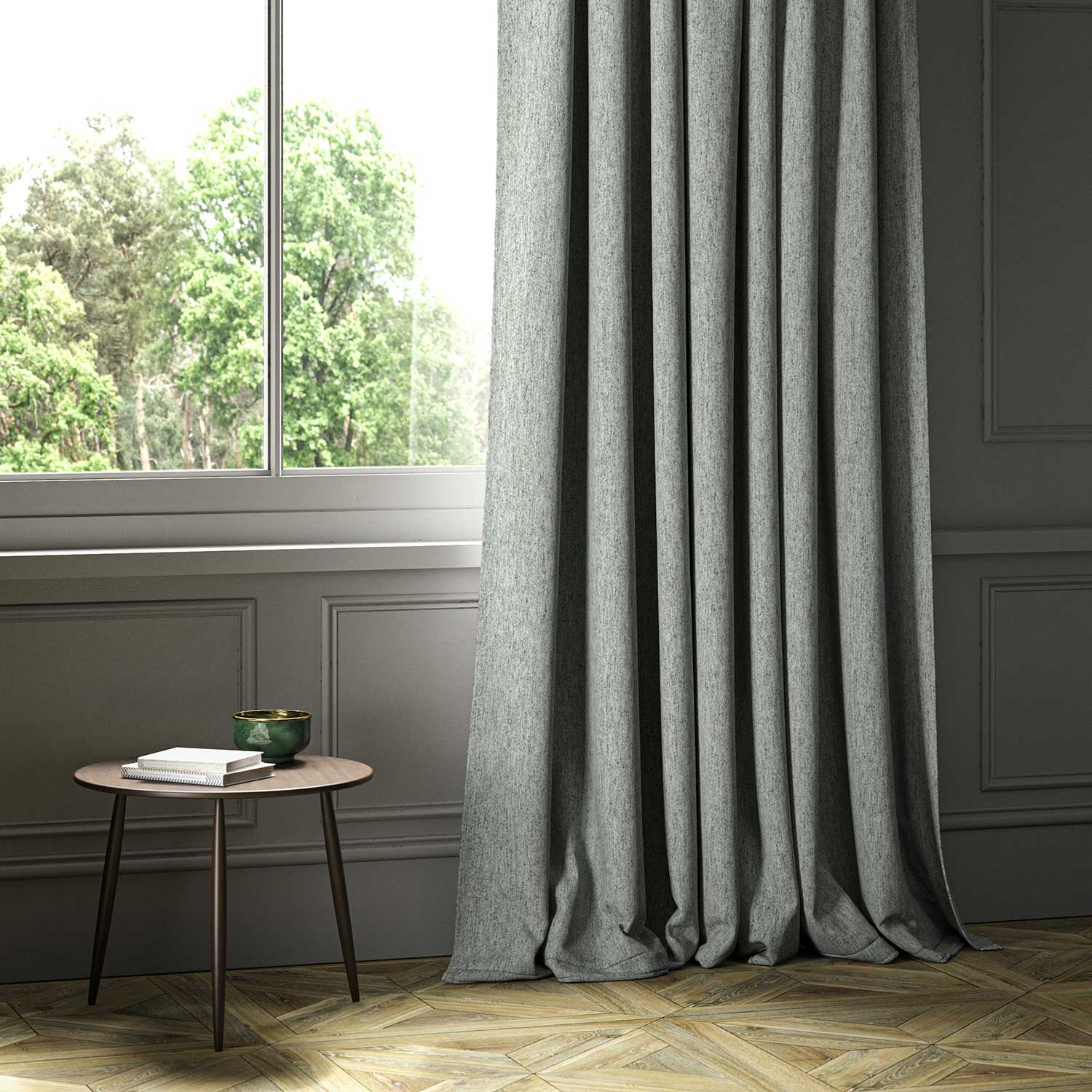 A grey woven fabric shown as a curtain.