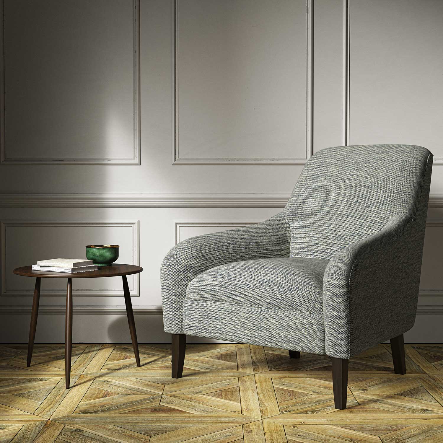 Armchair upholstered in a blue woven fabric